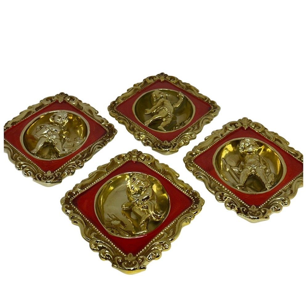 VTG Ardco Wall Cherub Plaques Gold Red Ceramic Japan Gaudy Home Decor 4 pc